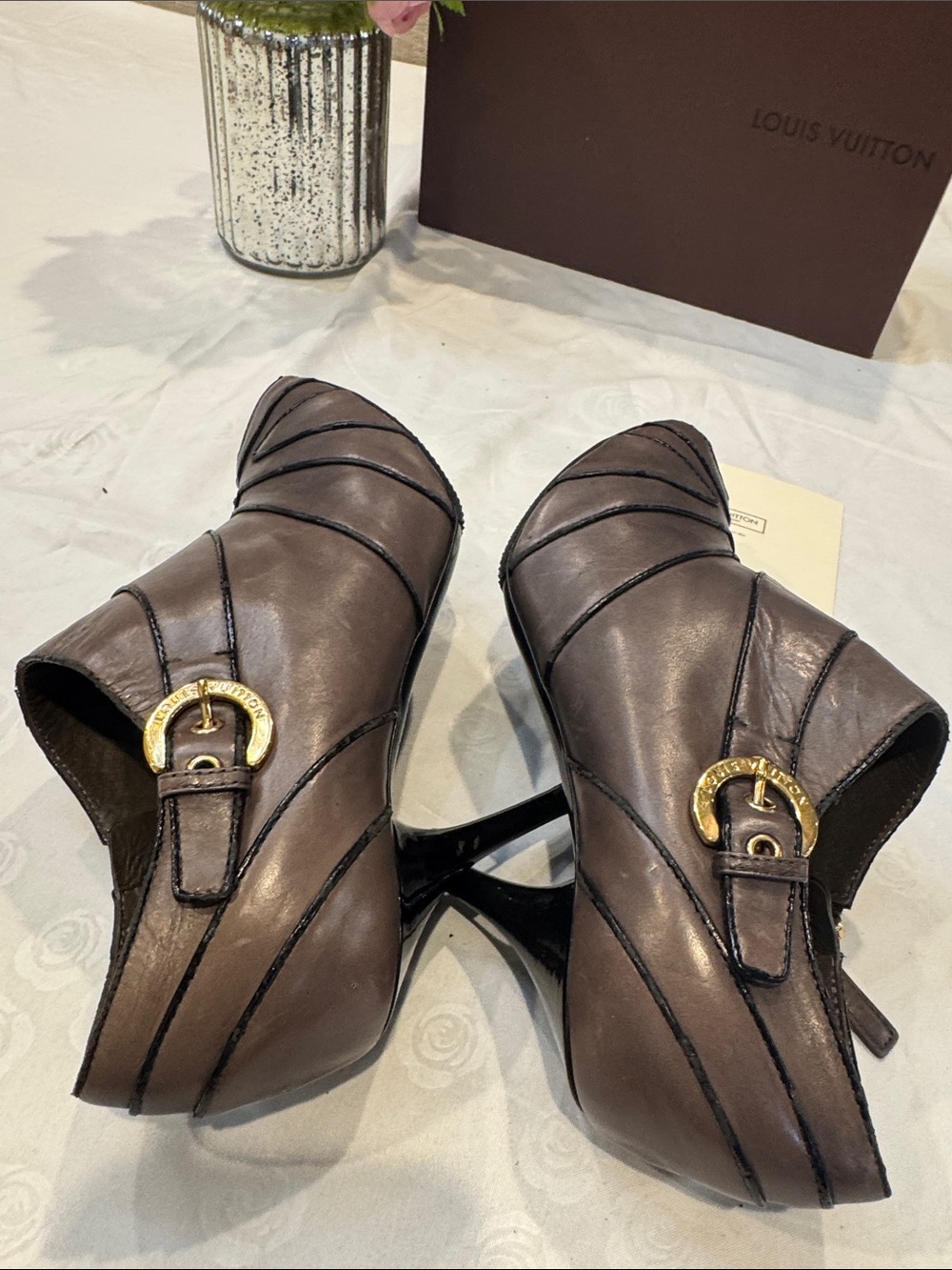 Authr Louis Vuitton Taupe Peep-Toe Leather Ankle Booties with Gold-Tone Buckle - Picture 7 of 15